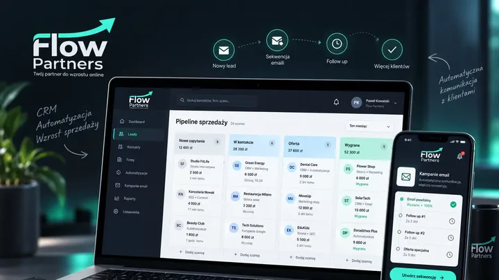 System FlowPartners na laptopie i telefonie: pipeline sprzedaży w CRM oraz automatyczna sekwencja e-mail i follow-up.