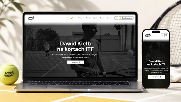 KS Efektowni na laptopie i telefonie: czarno-biała strona tenisowa z żółtymi akcentami, zdjęciem Dawida Kiełba i linkiem dla partnerów.