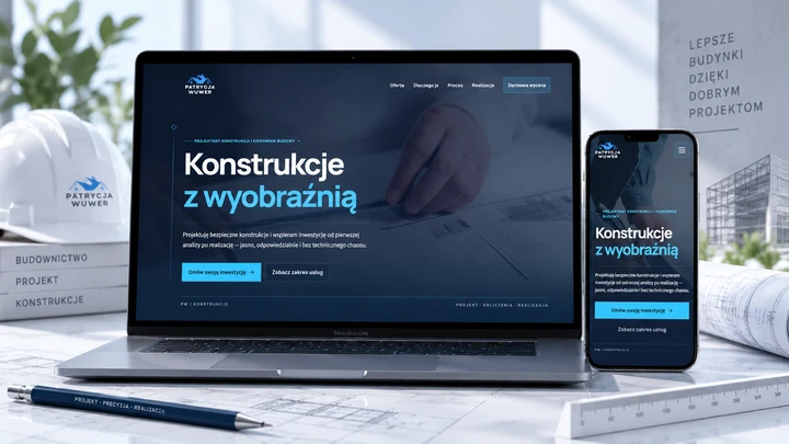 Konstrukcje z wyobraźnią na laptopie i telefonie: granatowo-błękitna strona z rysunkiem technicznym i ofertą Patrycji Wuwer.