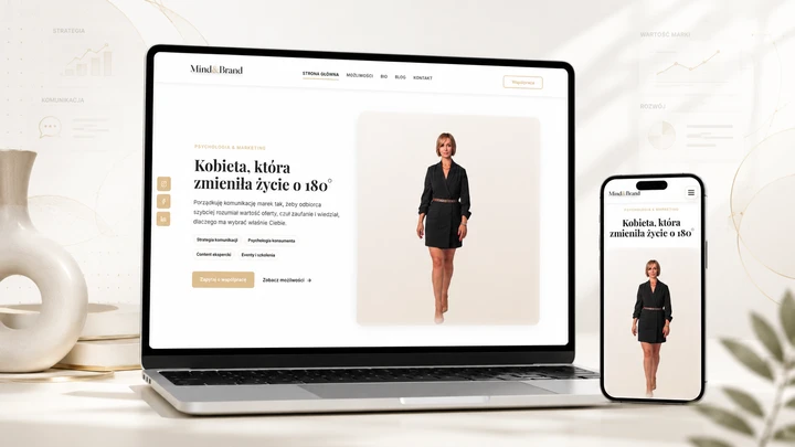 Projekt Mind&Brand na laptopie i telefonie: portret ekspertki, kremowe tło, złote akcenty i szeryfowa typografia.