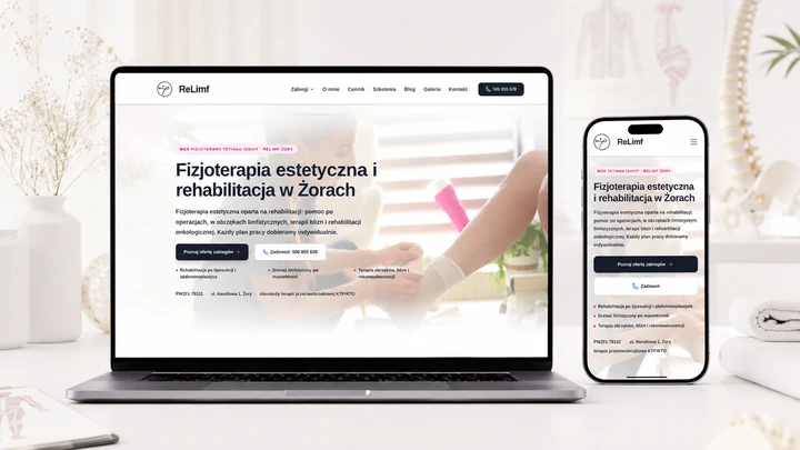 Projekt ReLimf na laptopie i telefonie: jasna strona gabinetu z granatowymi nagłówkami i różowymi akcentami.