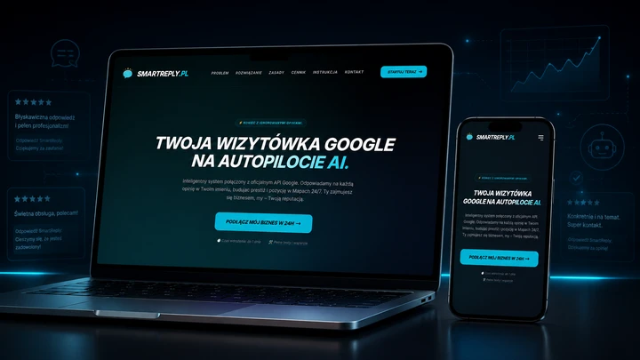 SmartReply na laptopie i telefonie: ciemna strona produktu AI z turkusowymi akcentami i prezentacją automatyzacji wizytówki Google.